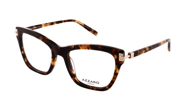 Monture optique pour femme en acétate AZZARO, brun et or brillant, référence AZ30419 C03, vue de profil.
