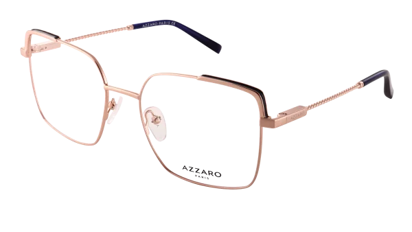 Monture optique pour femme en métal AZZARO or rose brillant et laque bleue, référence AZ30422 C02, vue de profil.