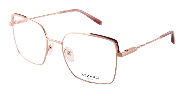 Monture optique pour femme en métal AZZARO or rose brillant et laque prune, référence AZ30422 C03, vue de profil.