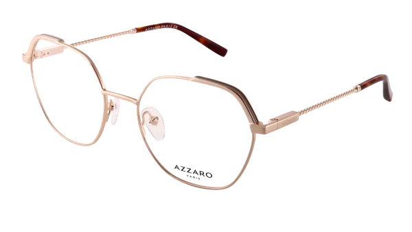 Monture optique pour femme en métal AZZARO, or brillant, laque beige et écaille, référence AZ30423 C01, vue de profil.