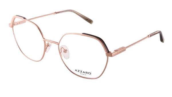 Monture optique pour femme en métal AZZARO, or rose brillant et laque grise et gris, référence AZ30423 C03, vue de profil.