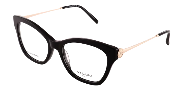 Monture optique pour femme en combiné bio acétate AZZARO, noir et or brillant, référence AZ30424 C01, vue de profil.