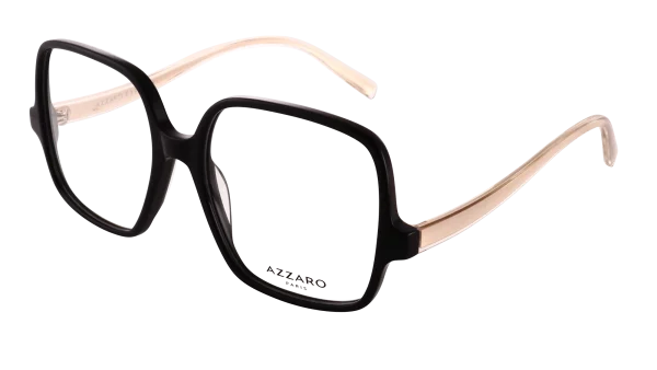 Monture optique pour femme en acétate AZZARO, noir et or brillant, référence AZ30427 C01, vue de profil.
