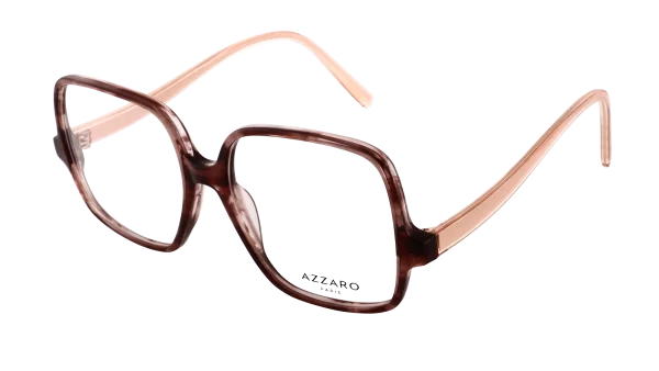 Monture optique pour femme en acétate AZZARO, brun, prune et or rose brillant, référence AZ30427 C03, vue de profil.