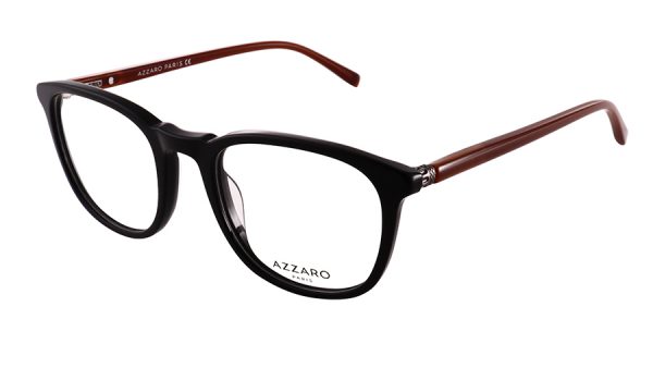 Monture optique pour homme en acétate AZZARO, noir, miel et ruthénium satiné, référence AZ31187 C01, vue de profil.