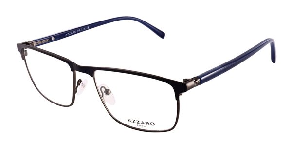 Monture optique pour homme en métal AZZARO, ruthénium clair, bleu foncé satiné et bleu, référence AZ31188 C02, vue de profil.