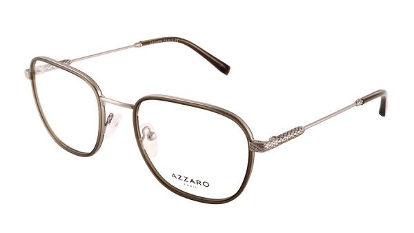 Monture optique pour homme en combiné métal AZZARO, argent satiné et kaki, référence AZ31189 C03, vue de profil.
