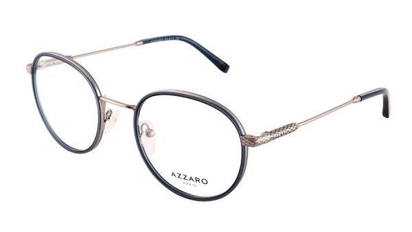 Monture optique pour homme en combiné métal AZZARO, argent satiné et bleu clair, référence AZ31190 C01, vue de profil.