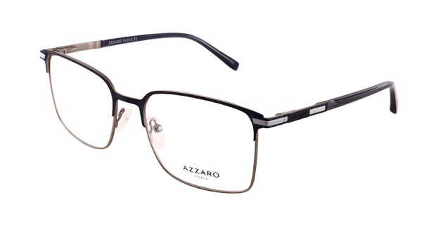 Monture optique pour homme en métal AZZARO, bleu, ruthénium clair satiné, laque grise et bleu foncé, référence AZ31193 C02, vue de profil.