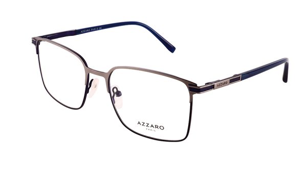 Monture optique pour homme en métal AZZARO, ruthénium clair, bleu satiné, laque bleue et bleu, référence AZ31193 C03, vue de profil.