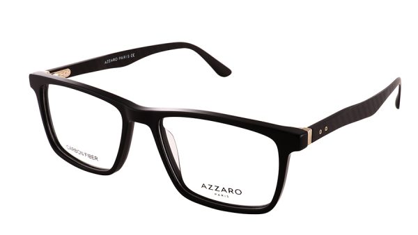 Monture optique pour homme en combiné acétate en fibre de carbone AZZARO, noir, or clair brillant et gris foncé, référence AZ31204 C01, vue de profil.