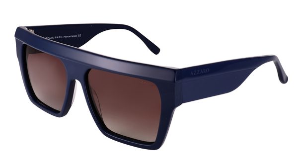 Monture solaire pour femme en acétate AZZARO, bleu foncé et verres brun dégradé de catégorie 3, référence AZ32048 C03, vue de profil.