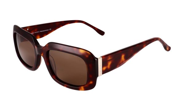 Monture solaire pour femme en acétate AZZARO, écaille et verres brun de catégorie 3, référence AZ32049 C02, vue de profil.