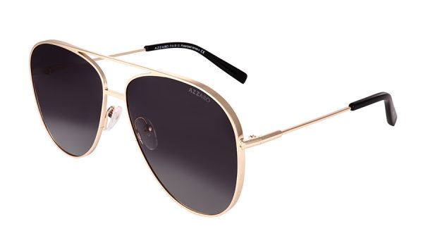 Monture solaire pour femme en métal AZZARO, or brillant, écaille et verres brun dégradé de catégorie 3, référence AZ32059 C03, vue de profil.