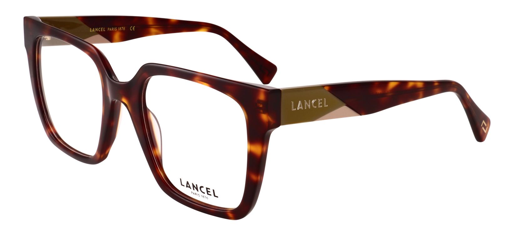 Monture optique Lancel Émeline LA90118 C03 en acétate écaille avec détails dorés, vue de trois-quarts
