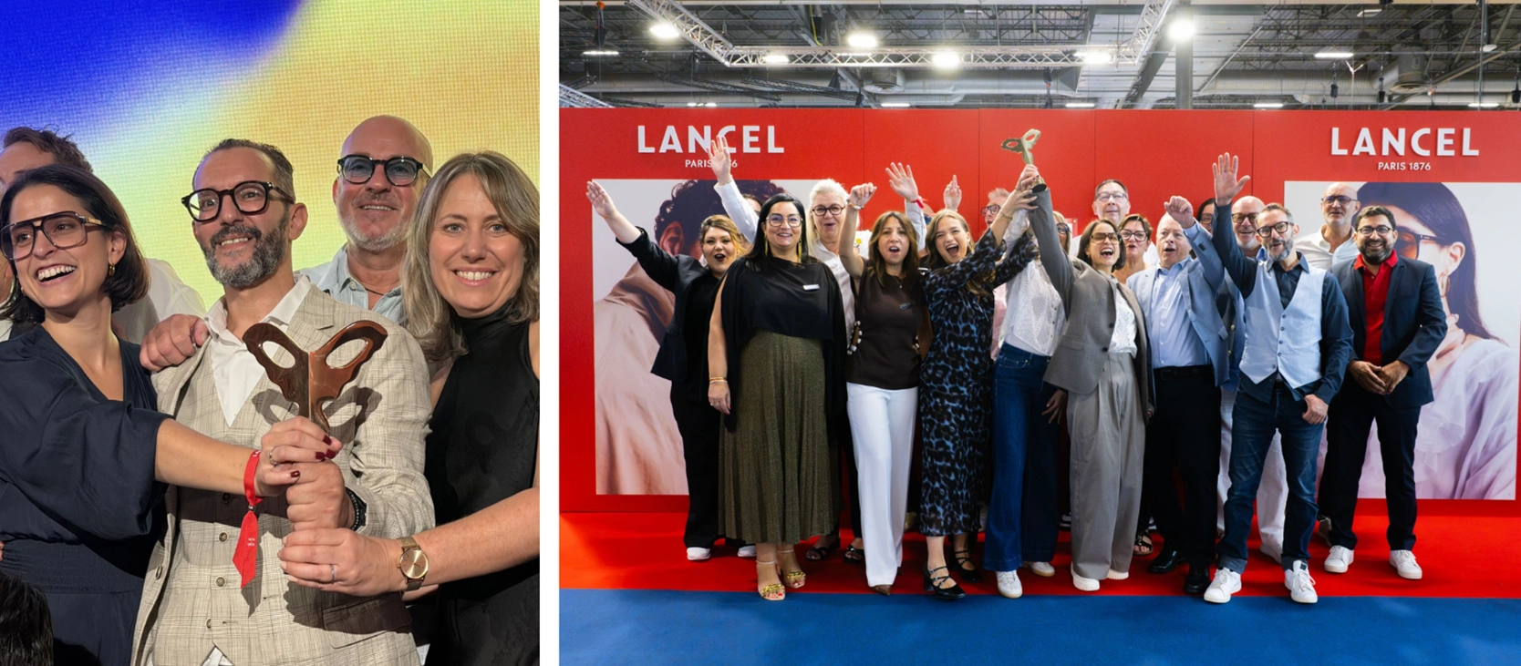 À gauche, quatre membres de l’équipe tenant le trophée SILMO d’Or ; à droite, l’équipe Grosfilley France et Lancel réunie sur le stand Lancel, trophée levé